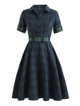 A-line V-neck Plaid Print Above the Knee Short Sleeves Sleeves Vintage Belted Hidden Back Zipper Swing-Skirt Dress