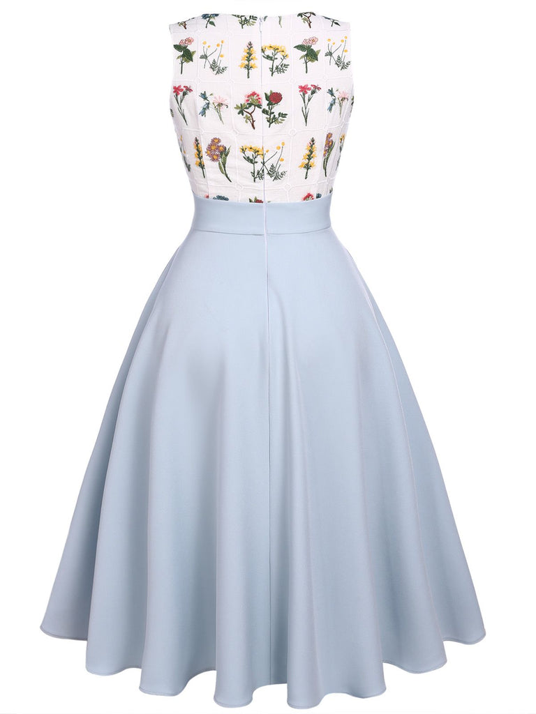 Blue 1950s Embroidery Pockets Swing Dress