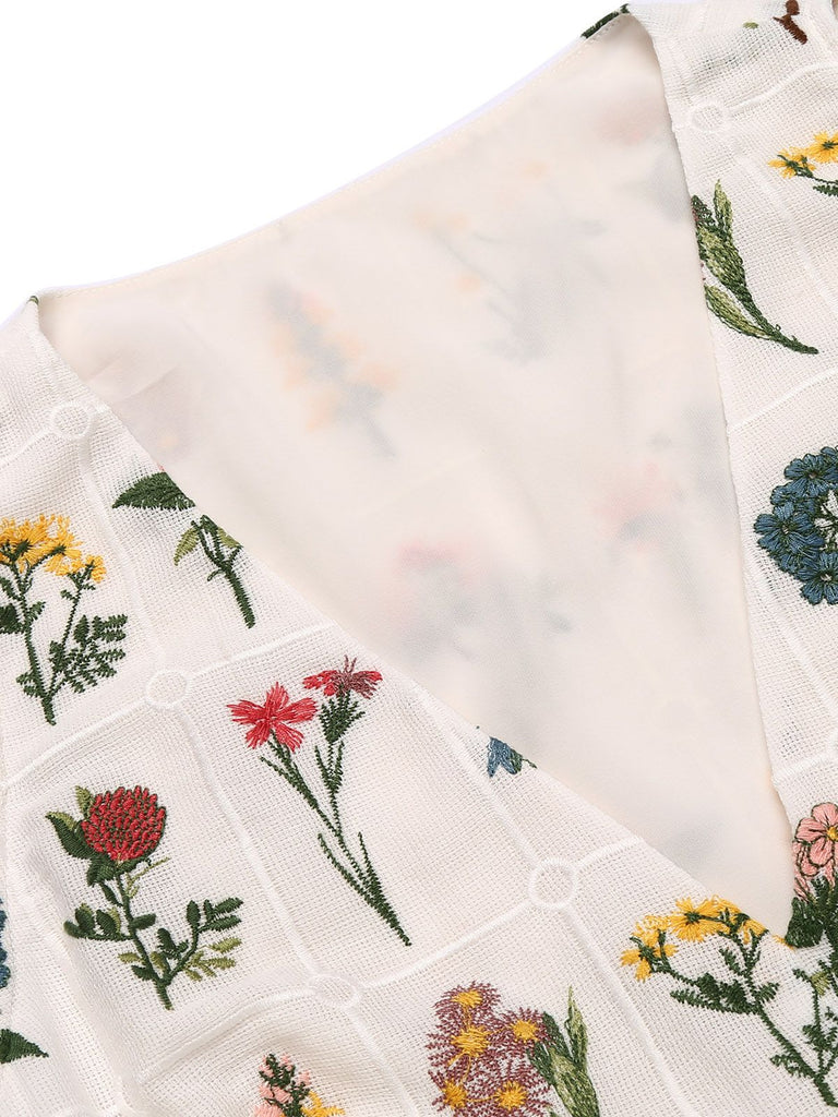 White 1950s Floral Embroidery Crop Top