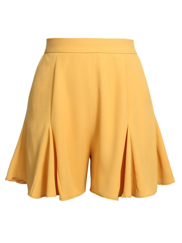 2PCS Yellow 1950s Embroidery Top & Pockets Shorts