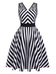 Striped Print Swing-Skirt Hidden Back Zipper Above the Knee Lace Dress