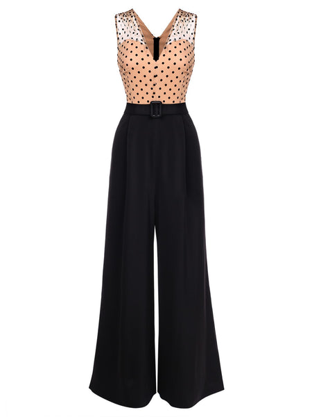 V-neck Hidden Back Zipper Belted Polka Dots Print Jumpsuit