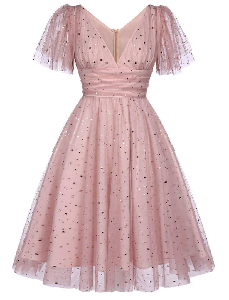 Pink 1950s Star Sequin Lace Swing Dress