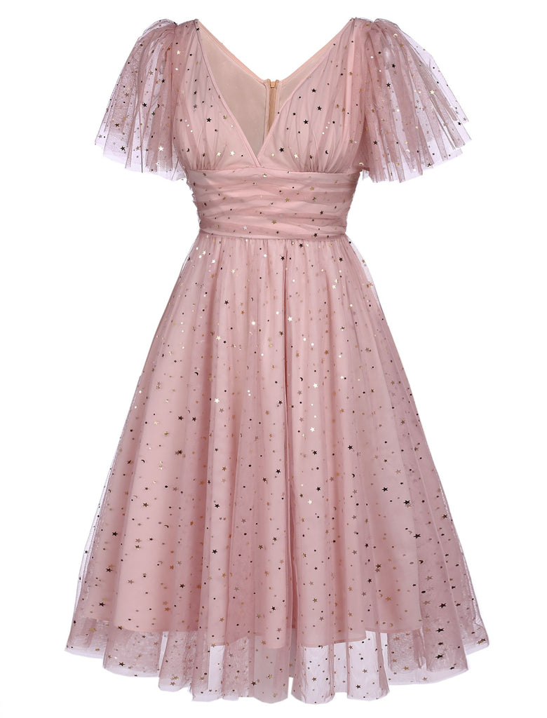 Pink 1950s Star Sequin Lace Swing Dress