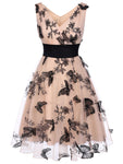 V-neck Vintage Mesh Lace Flared-Skirt Swing-Skirt Dress