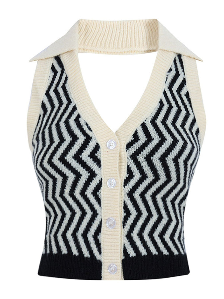 Black 1950s Knitting Stripes Halter Button Tops