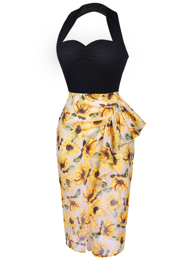 Black 1950s Halter Sunflower Pencil Dress