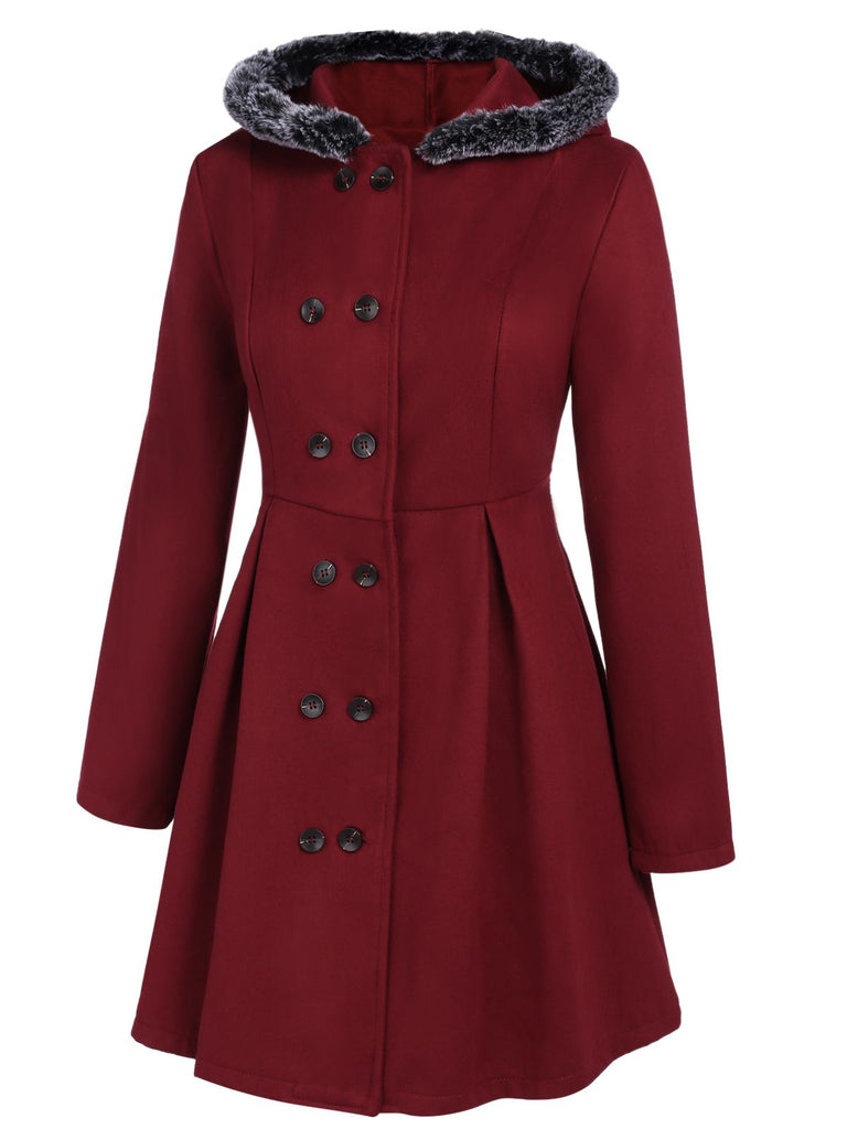 Wine Red 1950s Fur Collar Hooded Coat