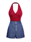 2PCS Red 1950s Bodysuit & Denim Blue Buttons Shorts