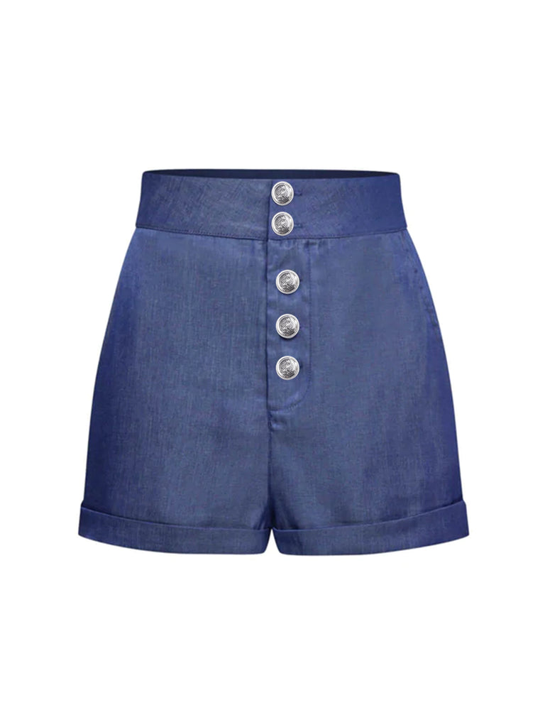 Denim Blue 1950s Solid Buttons Shorts