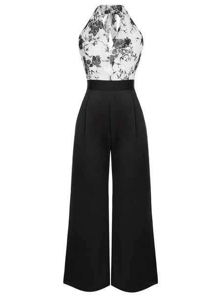 Black White 1930s Floral Halter Strap Jumpsuit – Retro Stage - Chic ...