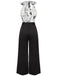 Black White 1930s Floral Halter Strap Jumpsuit