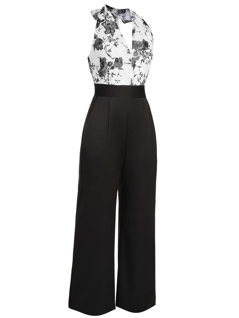 Black White 1930s Floral Halter Strap Jumpsuit – Retro Stage - Chic ...