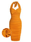 Orange 1960s Solid Folds Halter Pencil Dress