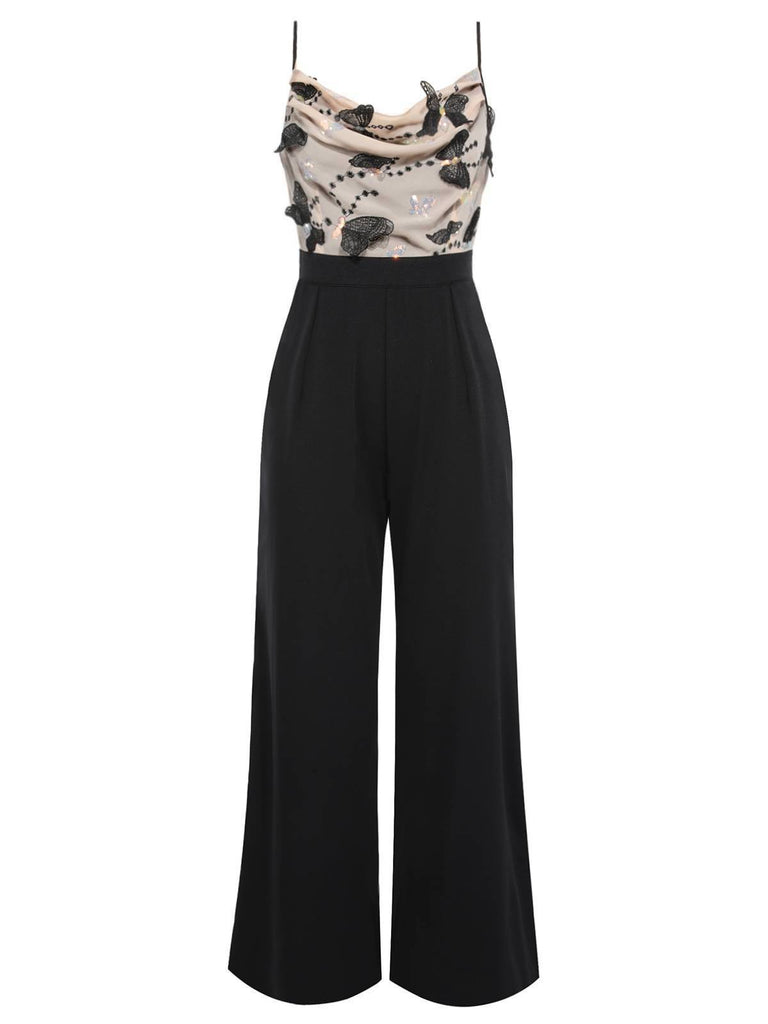 [Pre-Sale] Black 1930s Strap Butterfly Lace Patchwork Jumpsuit