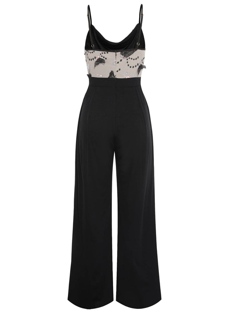 [Pre-Sale] Black 1930s Strap Butterfly Lace Patchwork Jumpsuit