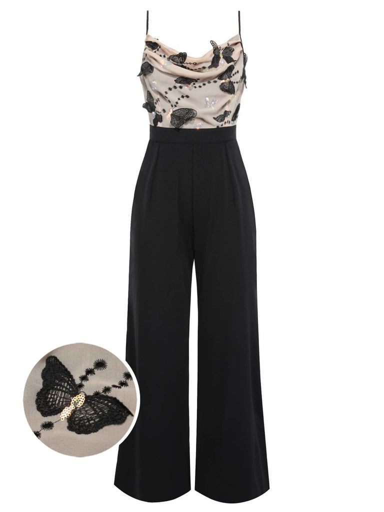 [Pre-Sale] Black 1930s Strap Butterfly Lace Patchwork Jumpsuit