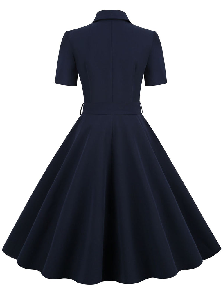 Navy Blue 1950s Solid Belt Swing Dress – Retro Stage - Chic Vintage ...