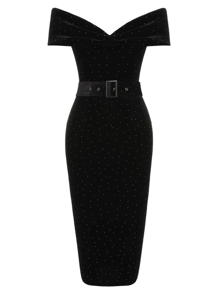 V-neck Below the Knee Hidden Back Zipper Belted Off the Shoulder Bodycon Dress With Rhinestones