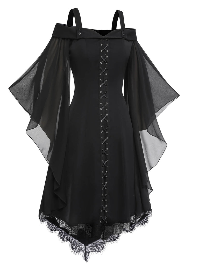 Black 1950s Bat Sleeve Lace-Up Dress – Retro Stage - Chic Vintage ...