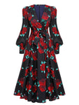 V-neck Floral Print Vintage Hidden Back Zipper Long Sleeves Polyester Midi Dress