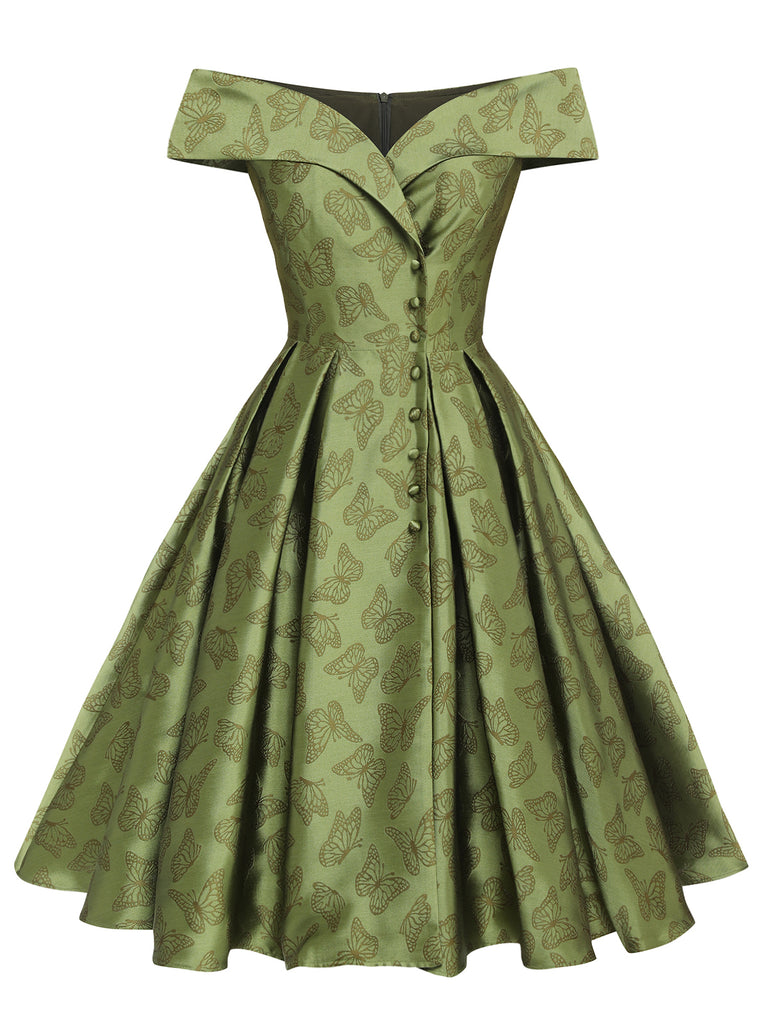 Green 1950s Off-Shoulder Vintage Dress