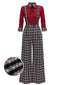 2PCS 1930s Red Plaid Lapel Tops & Plaid Pants