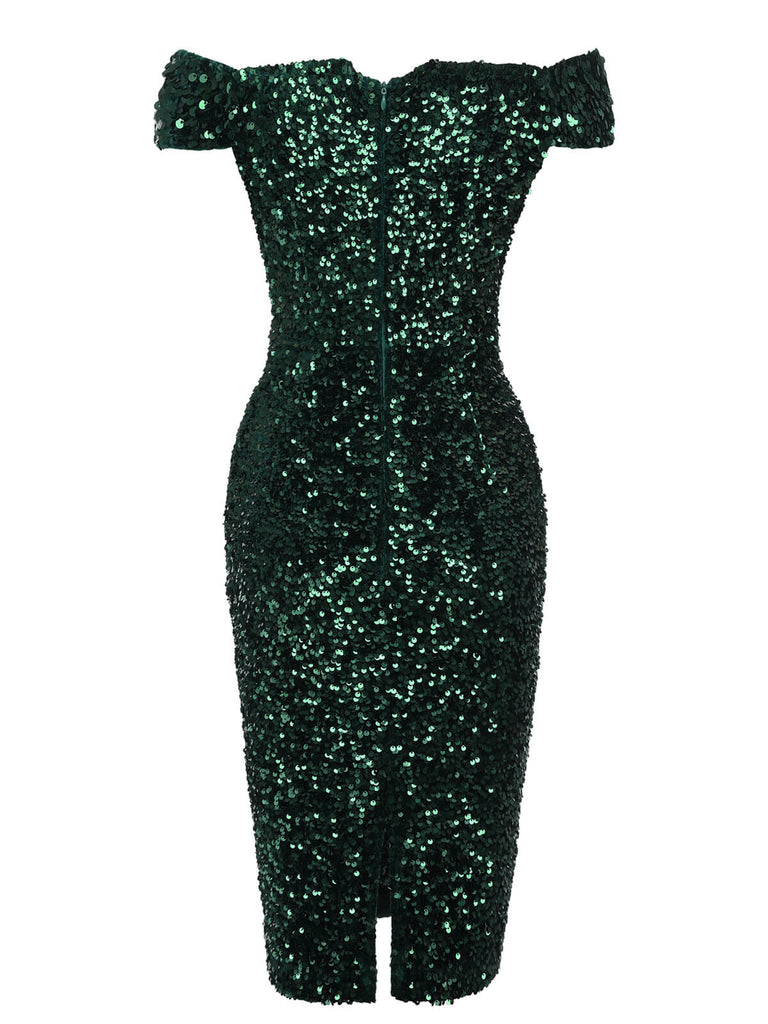 Green 1960s Sequins Off-Shoulder Pencil Dress – Retro Stage - Chic ...