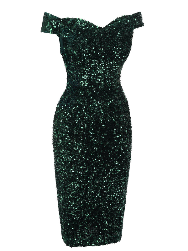 Green 1960s Sequins Off-Shoulder Pencil Dress – Retro Stage - Chic ...