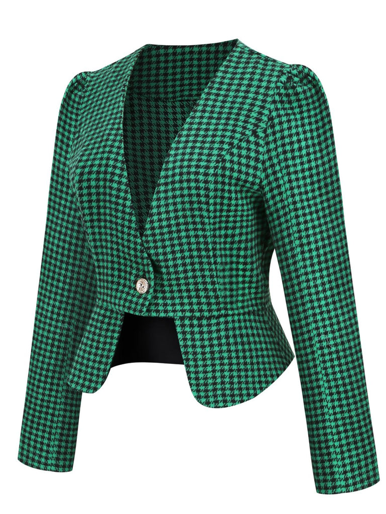 Green 1940s Retro Plaid Button Fitted Blazer