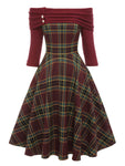 Plaid Print Knit Swing-Skirt Above the Knee Hidden Back Zipper Off the Shoulder Dress