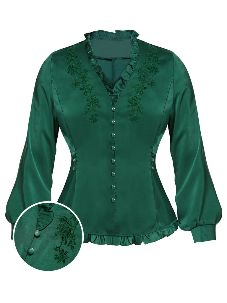 Dark Green 1950s Floral Mullein Edge Tops