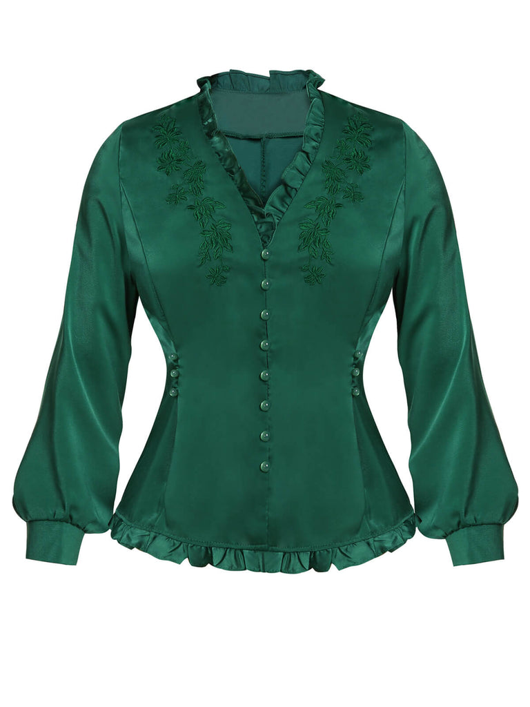 Dark Green 1950s Floral Mullein Edge Tops