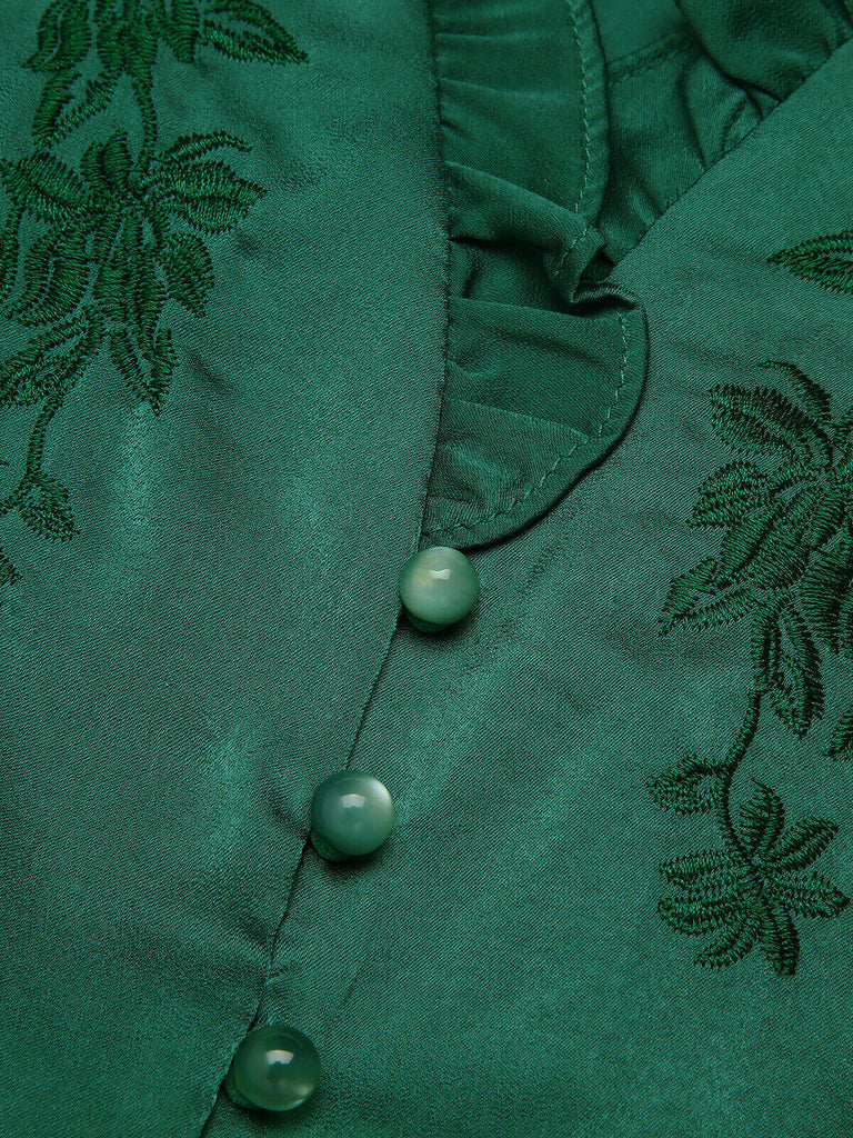 Dark Green 1950s Floral Mullein Edge Tops