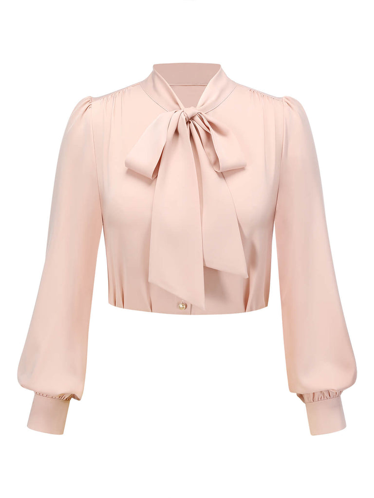 Pale Pink 1950s Bowtie Collar Satin Tops