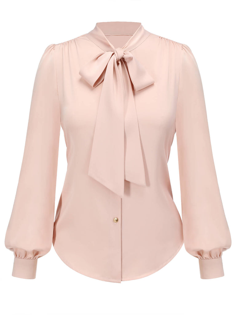 Pale Pink 1950s Bowtie Collar Satin Tops