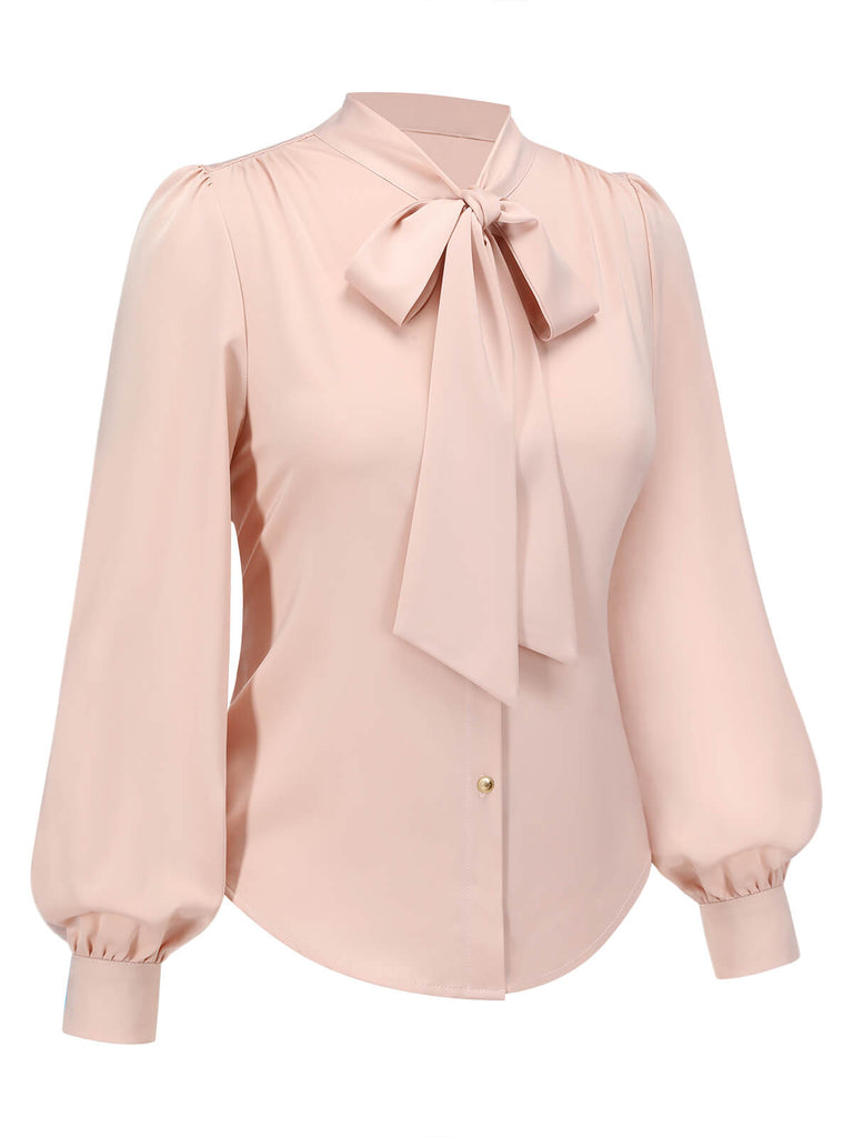 Pale Pink 1950s Bowtie Collar Satin Tops