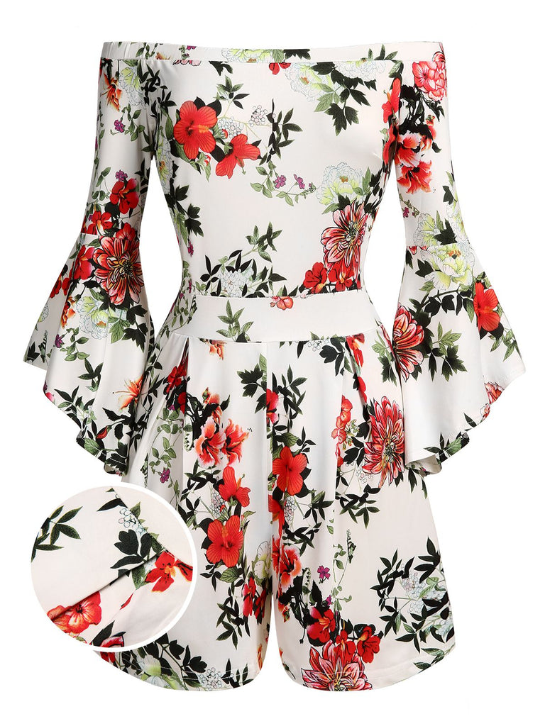 White 1950s Off-shoulder Ruffled Sleeve Floral Romper