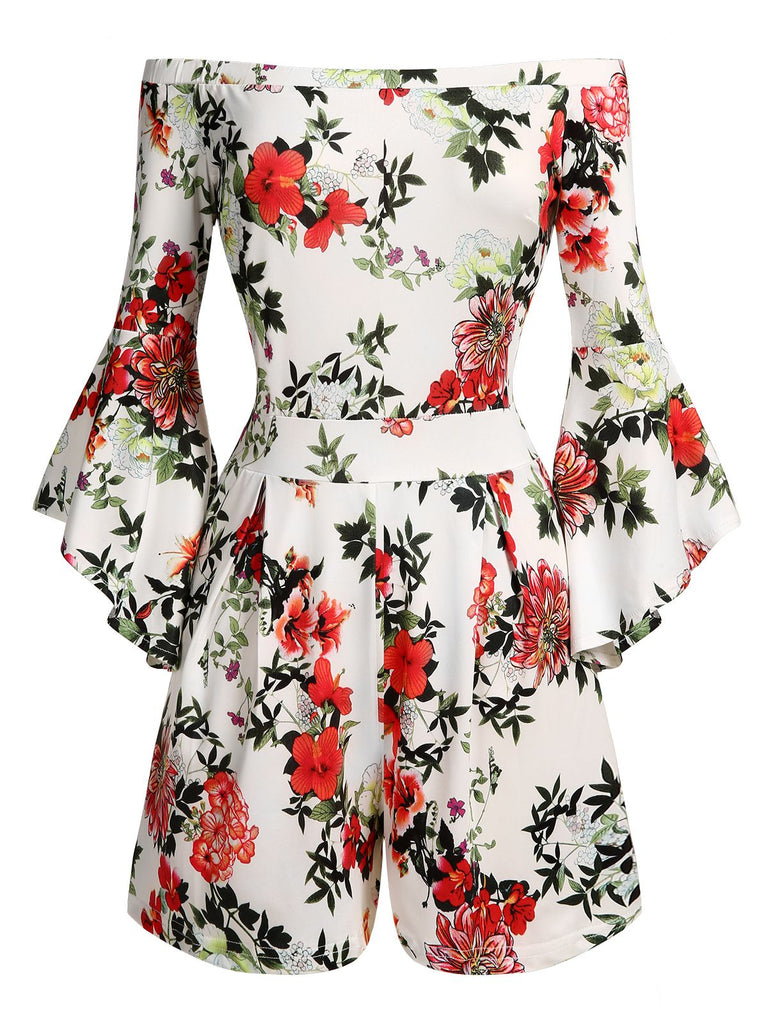 White 1950s Off-shoulder Ruffled Sleeve Floral Romper