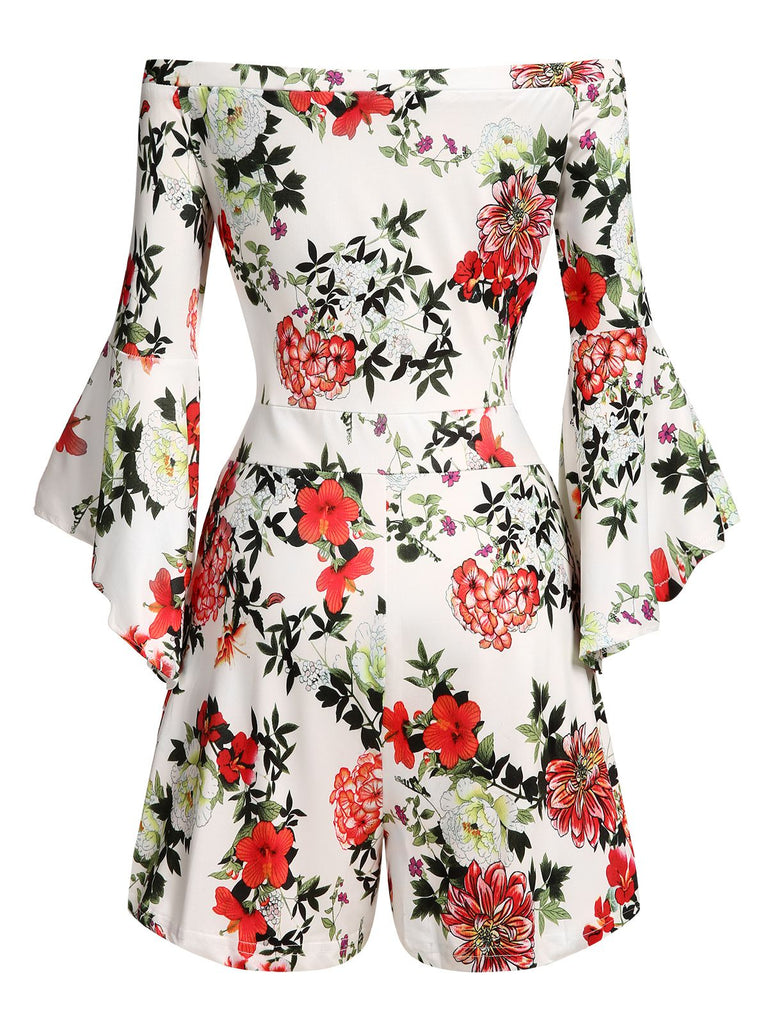 White 1950s Off-shoulder Ruffled Sleeve Floral Romper