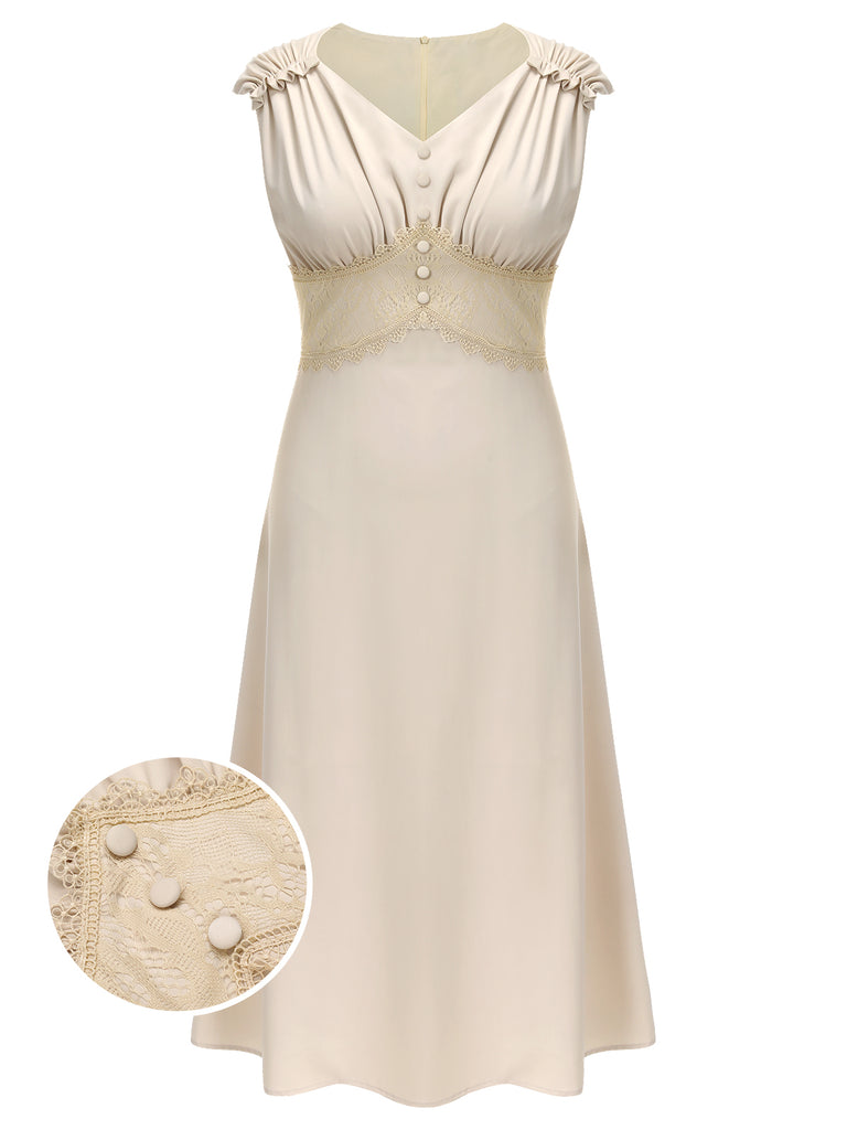 Beige 1930s V-Neck Lace Splicing Dress