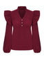 Wine Red 1950s Solid V-neck Ruffle Blouse