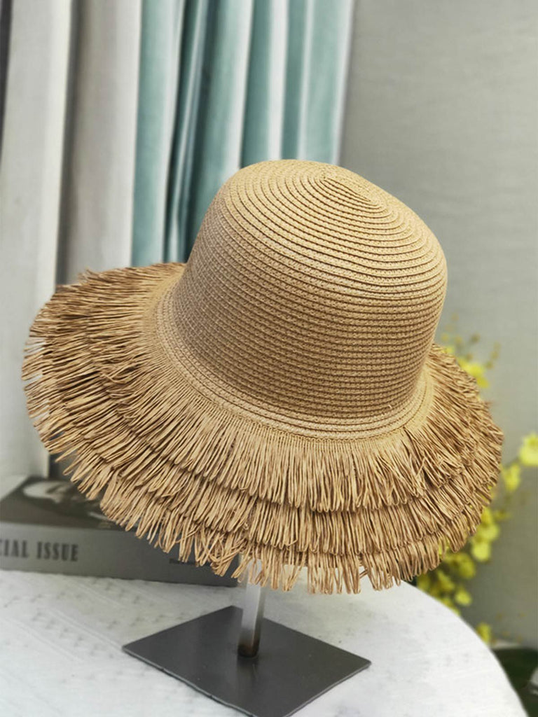 Retro Solid Tassel Raffia Sun Hat