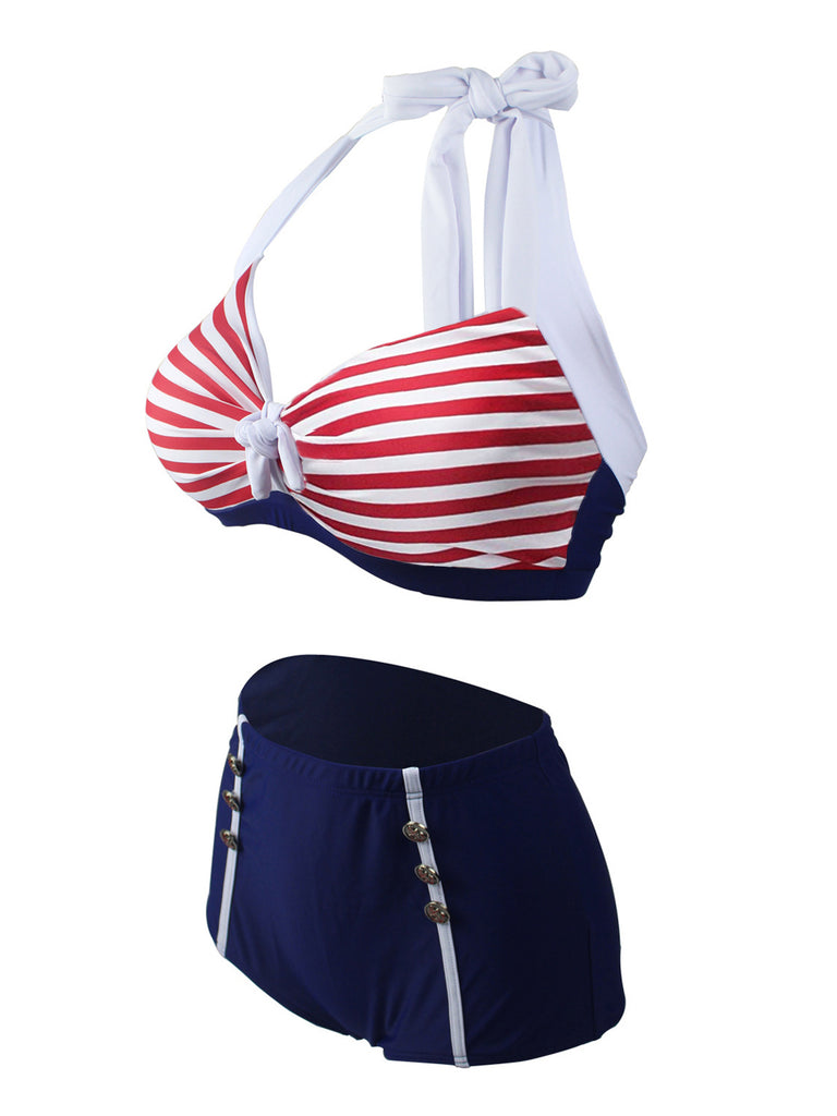 Navy Red 1950s Stripe Halter Bikini