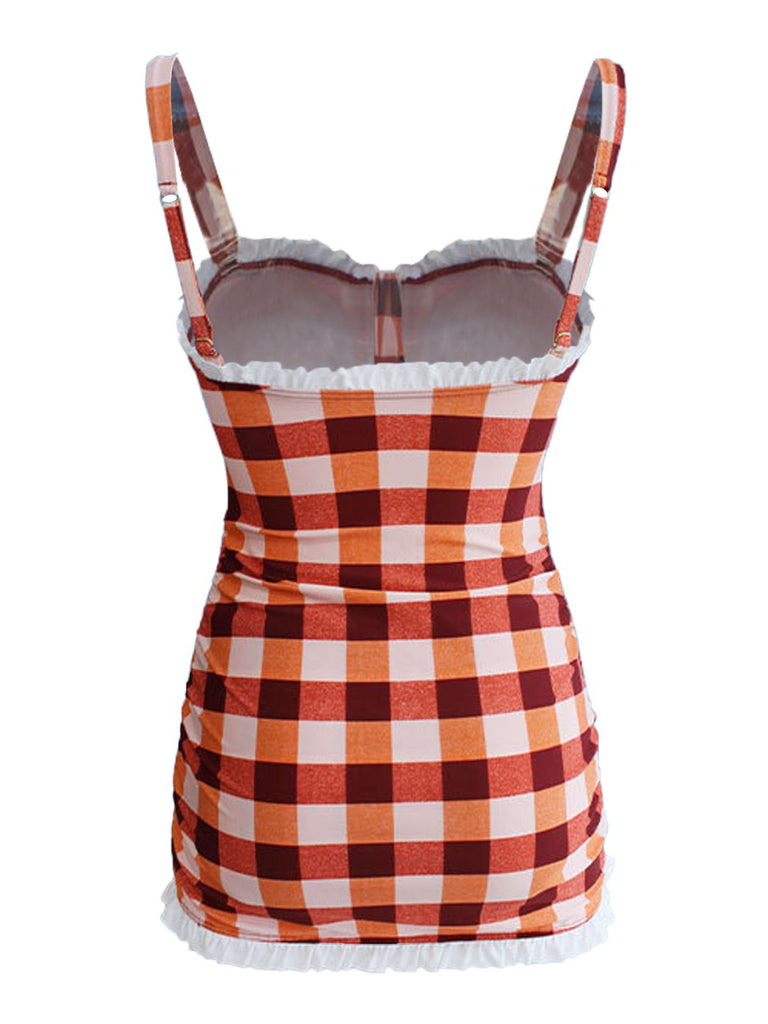 1950s Plaid Bow Strap Ruffled Tankini