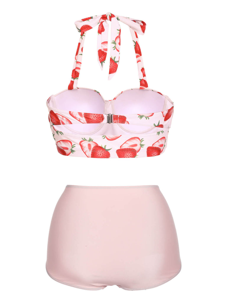 1950s Strawberry Halter Lace-Up Pleated Bikini Set