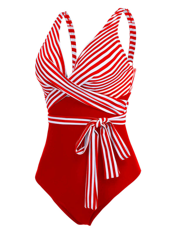 Stripe Lace Up Patchwork One-Piece Swimsuit – Retro Stage - Chic ...
