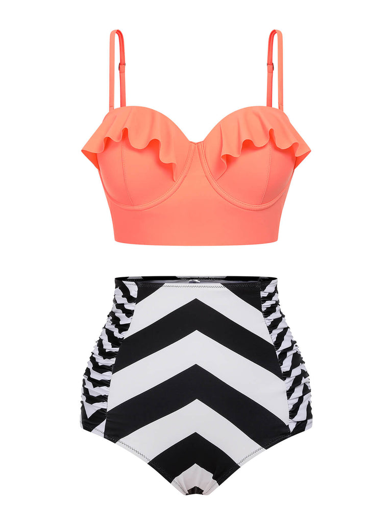 Orange 1940s Stripe Ruffles Strap Swimsuit