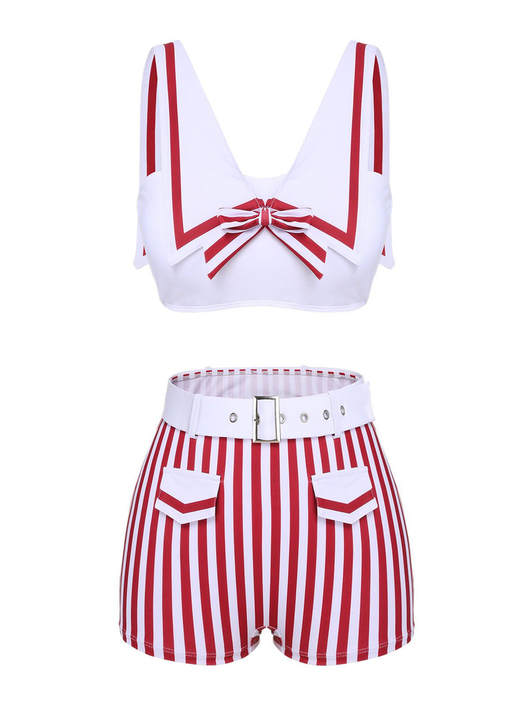 White 1950s Stripes Pockets Belted Swimsuit