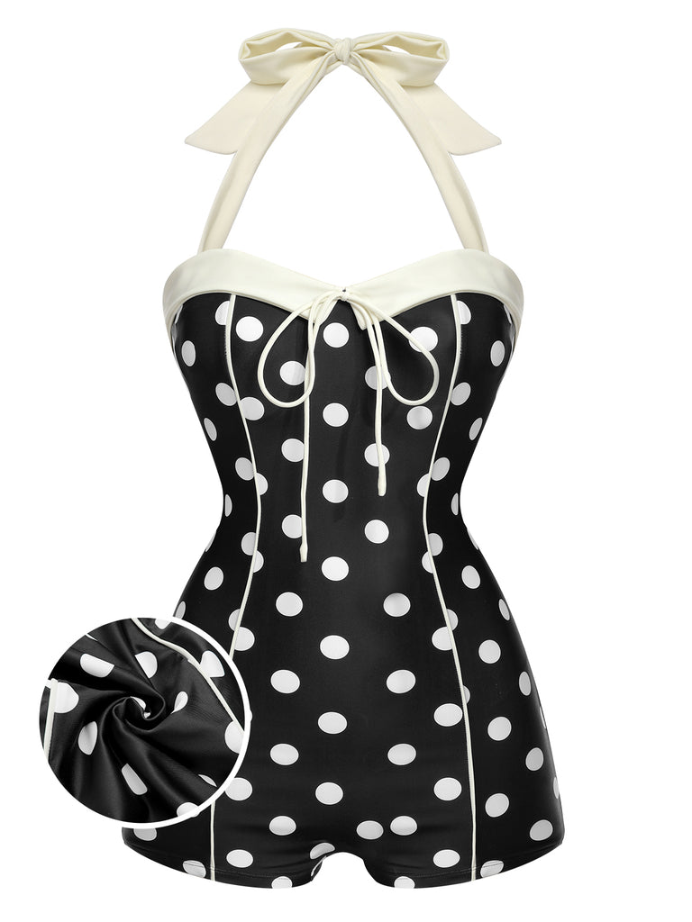 Black 1950s Polka Dots Halter Swimsuit